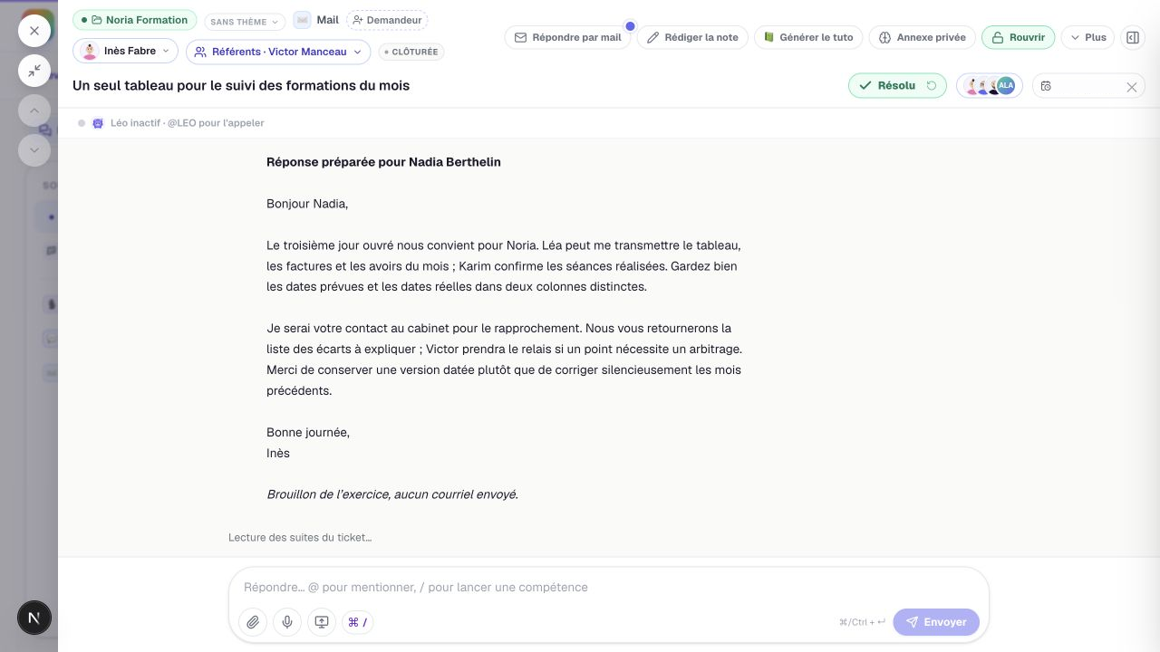 Figure A3-2 – Le relais conserve son responsable, son référent et le brouillon de réponse. Le statut « résolu » clôt la demande interne ; le brouillon reste explicitement non envoyé. Capture d’écran, données fictives de Méridien.