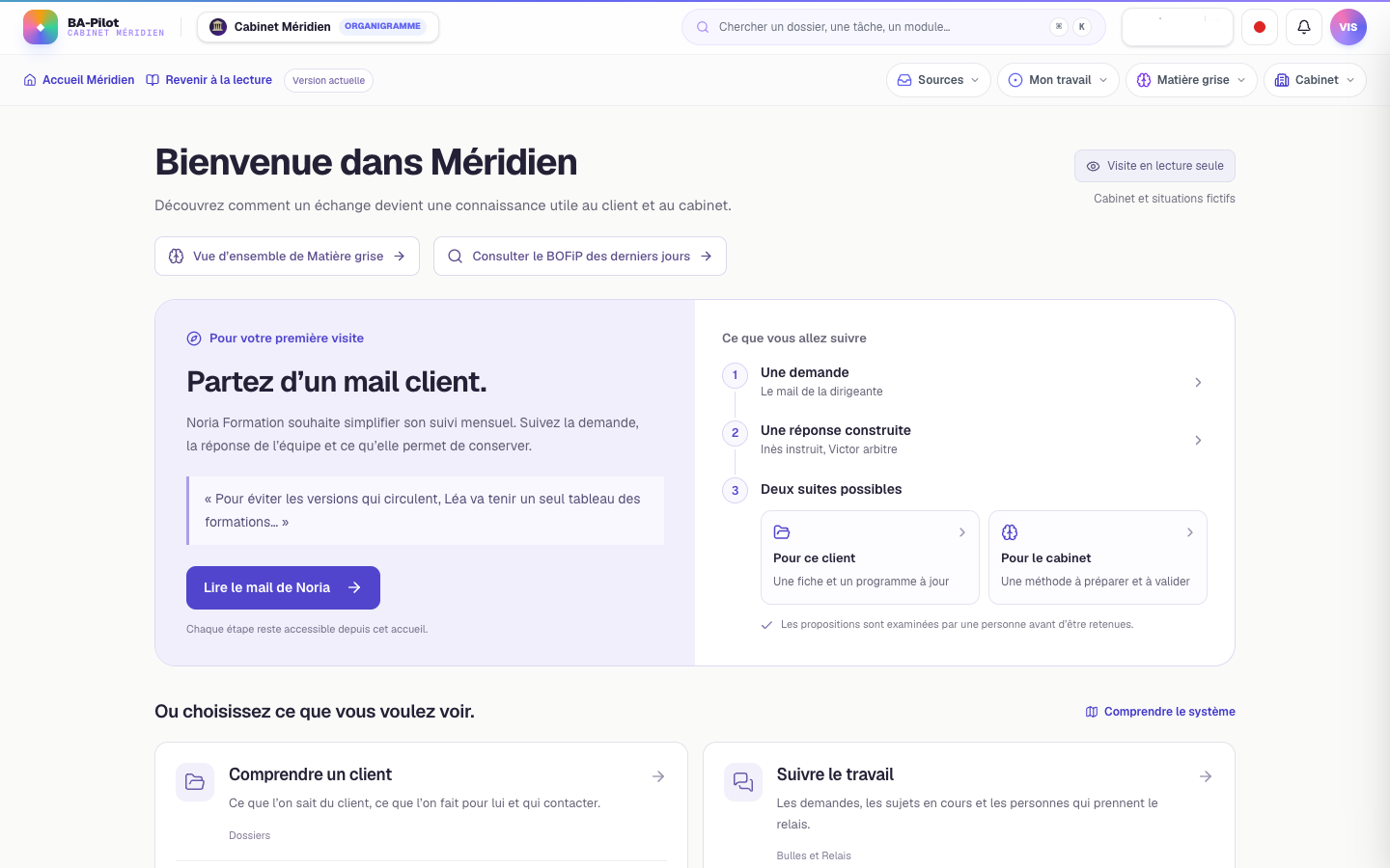 L’accueil de Méridien en visite : le parcours proposé depuis le mail de Noria Formation, la demande, la réponse construite et les deux suites possibles. Capture d’écran.