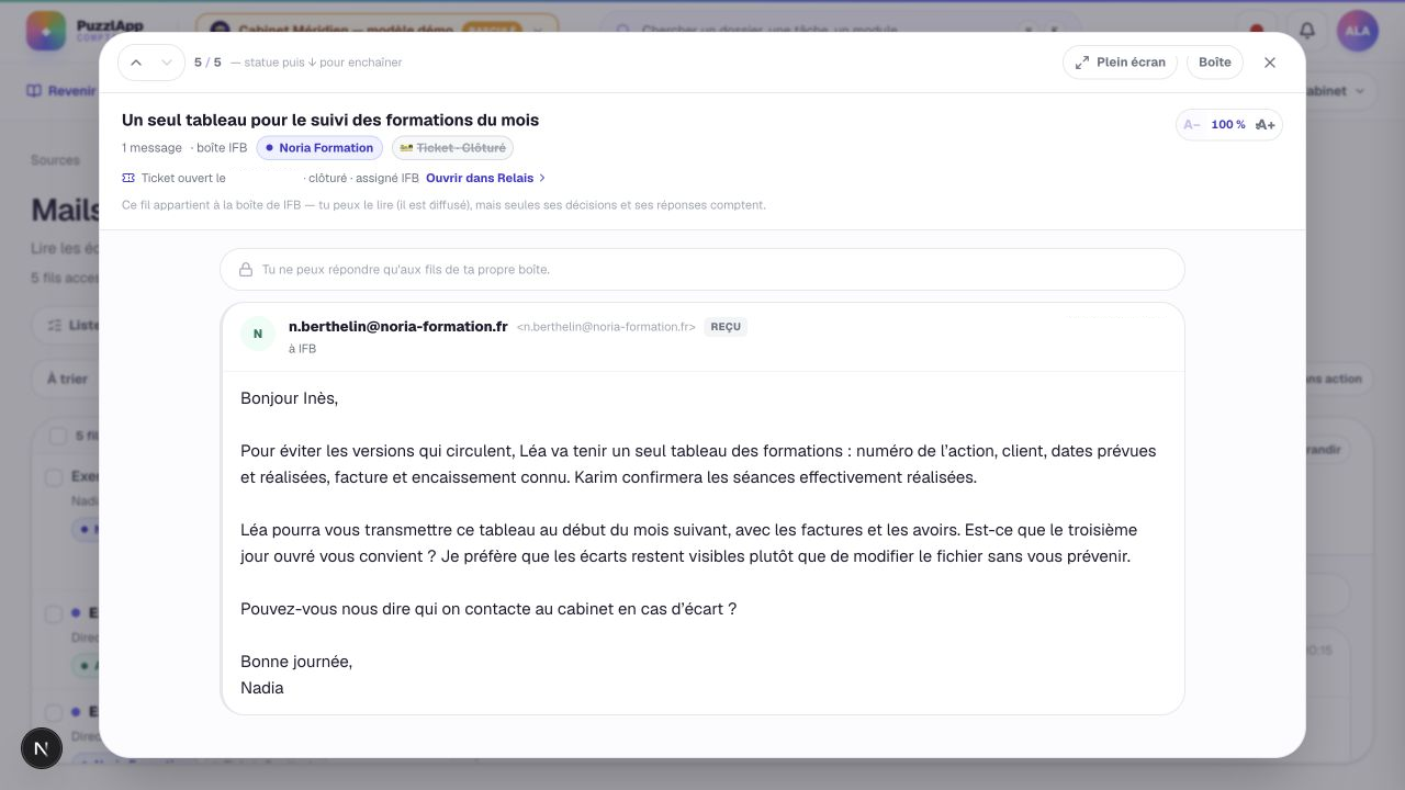 Courriel source du dossier Noria Formation : la dirigeante propose une organisation du suivi mensuel et demande au cabinet de préciser la transmission et l’interlocuteur. Capture de l’application locale ; données fictives de Méridien.
