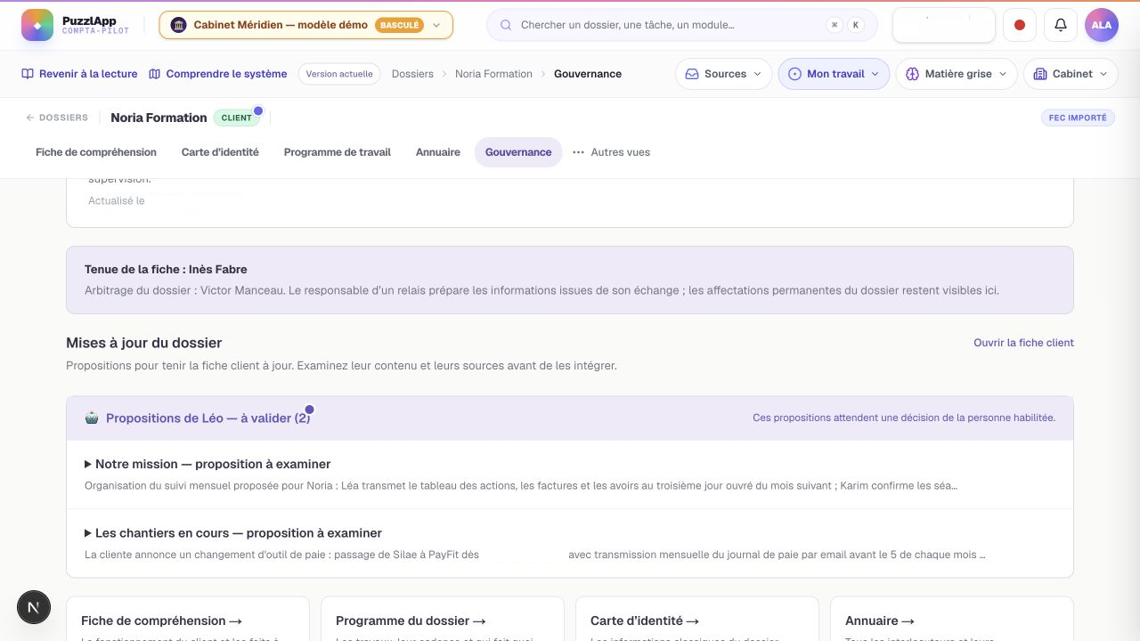 Figure A3-3 – La gouvernance du dossier attribue la tenue de la fiche et l’arbitrage. Deux propositions restent à examiner. Capture d’écran, données fictives de Méridien.