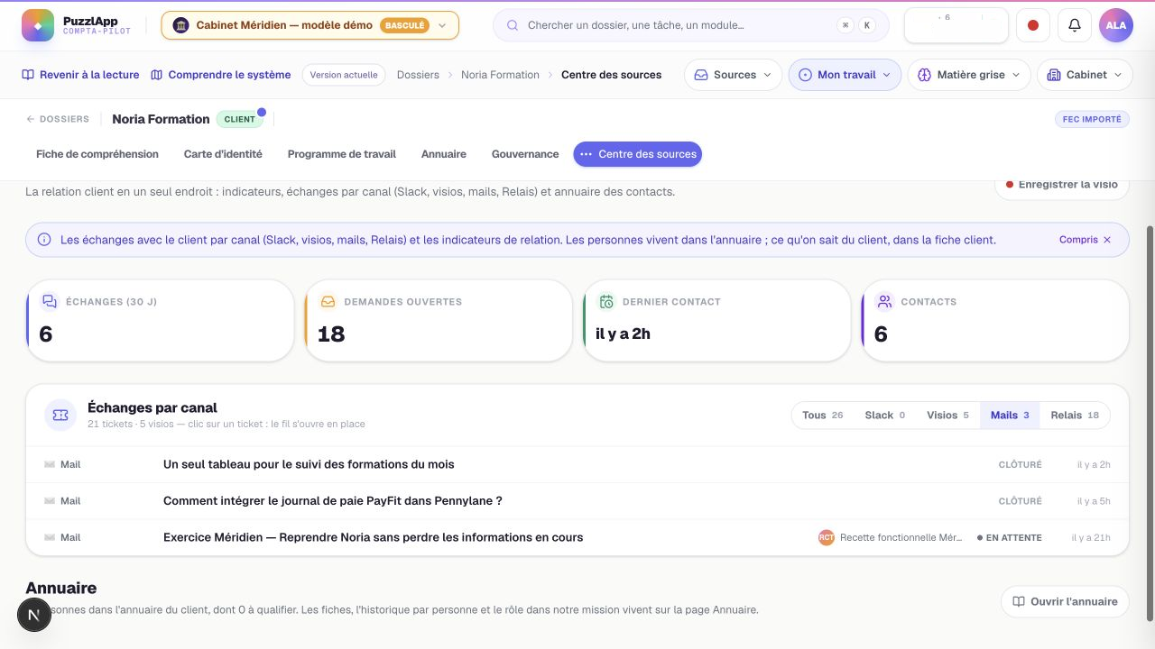 Le centre des sources de Noria relie les échanges à la fiche de compréhension. Capture de l’application locale ; données fictives.