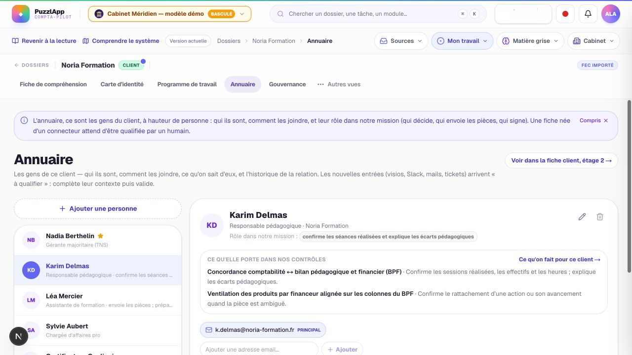 Karim dans l’annuaire de Noria : son rôle consiste à confirmer les séances réalisées et à expliquer les écarts pédagogiques. Capture de l’application locale ; données fictives.