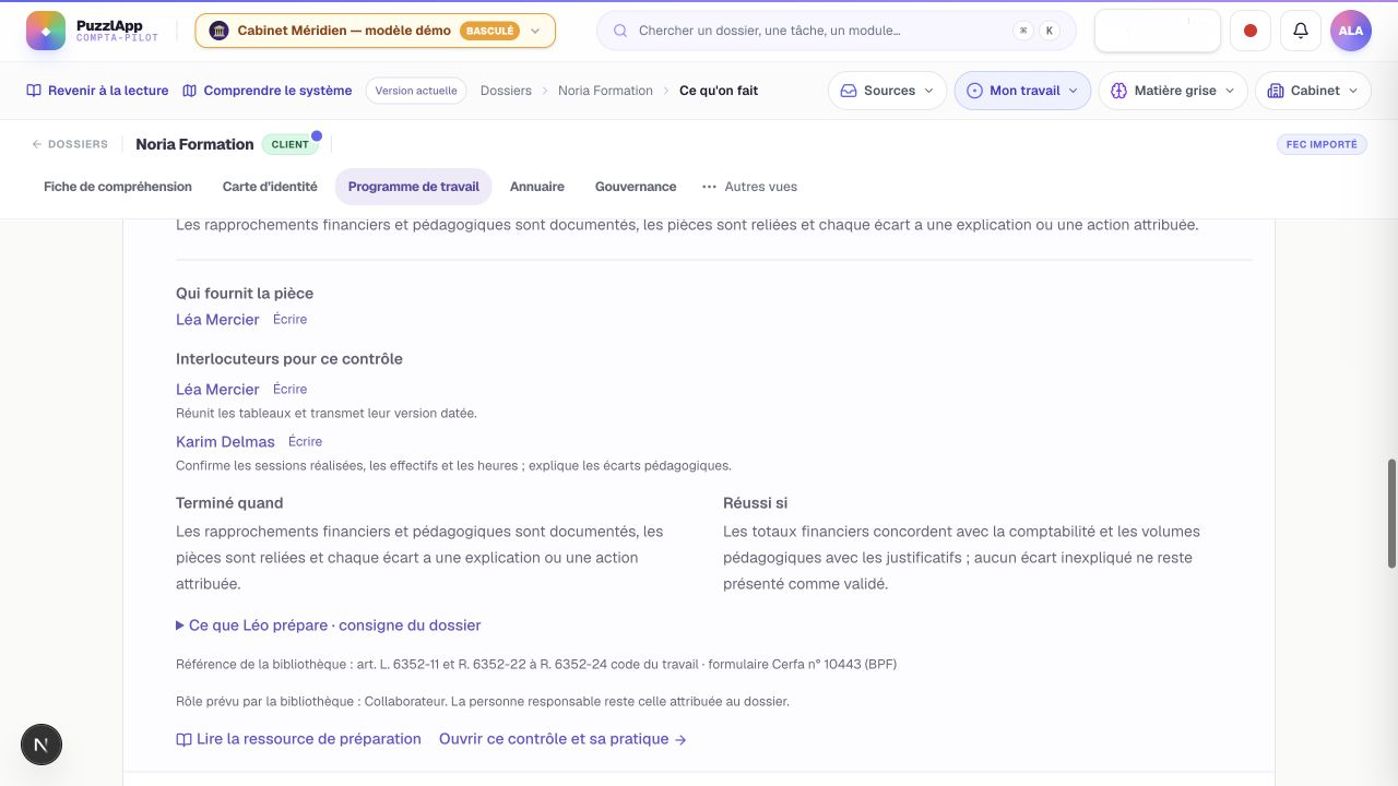 Noria : interlocuteurs et critères du contrôle annuel. « Terminé quand » décrit la production à conserver ; « Réussi si » précise la qualité à vérifier. Capture réelle de l’application, données fictives.