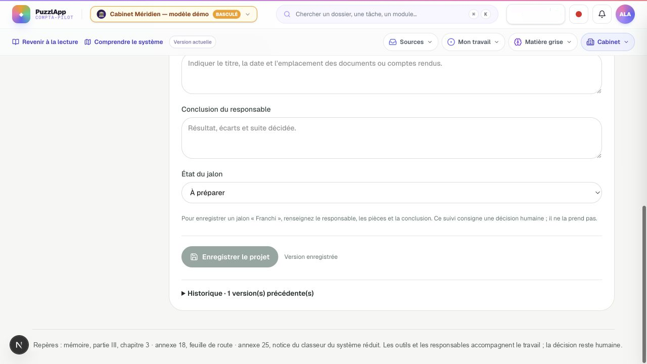Projet de Méridien : une conclusion et des pièces sont attendues avant de franchir le jalon. L’état affiché reste « À préparer ». Capture réelle de l’application locale.