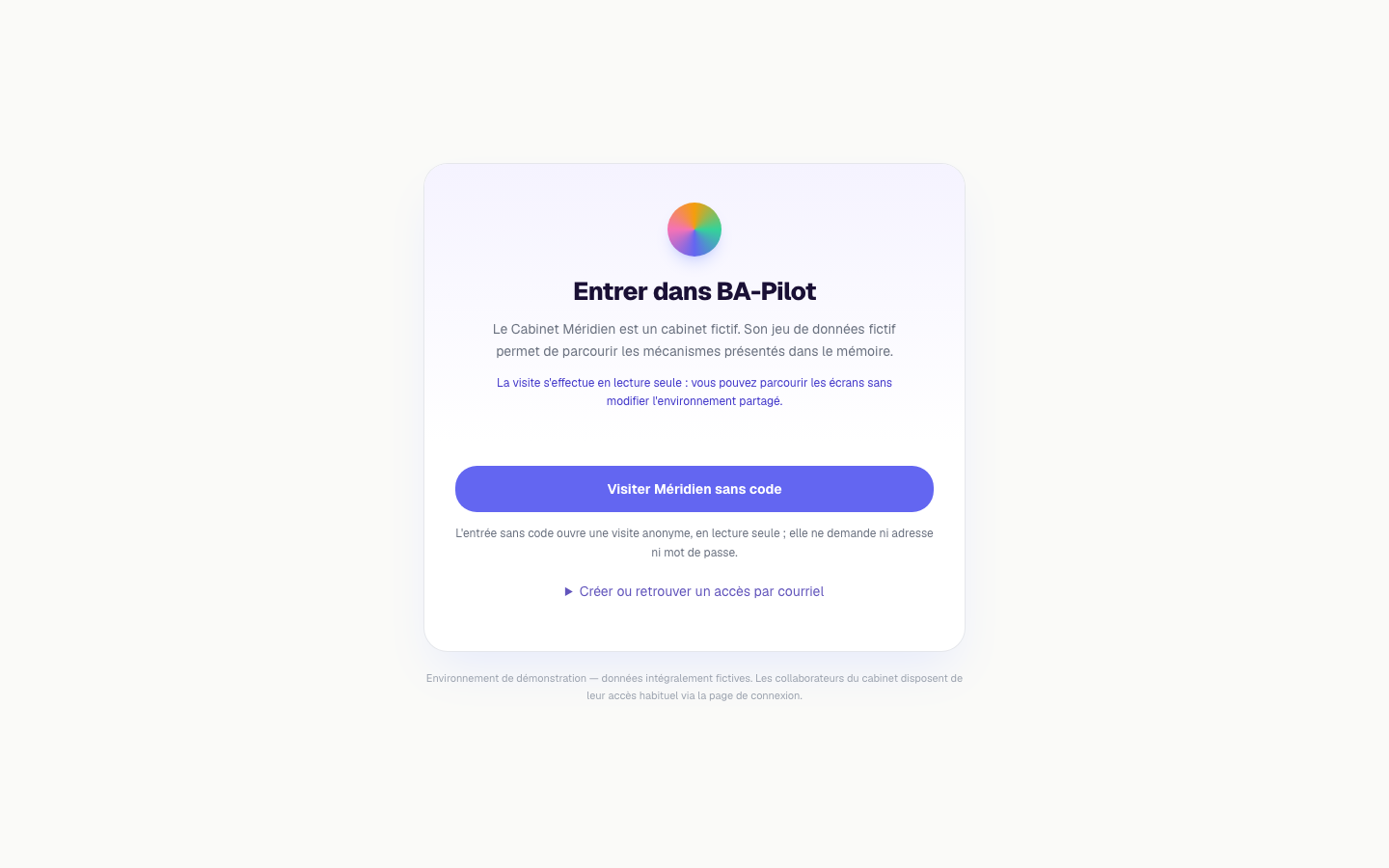 La porte d’entrée du cabinet de démonstration, ba-pilot.fr/decouvrir : la visite sans code, en lecture seule, et l’accès nominatif par courriel. Capture d’écran.